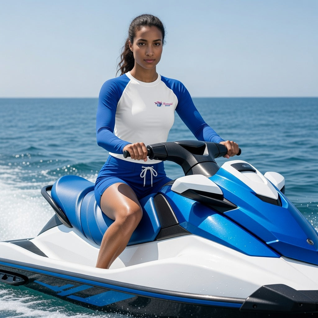 Original Mermaid Wear Back Logo Blue Sleeved Rash Guard